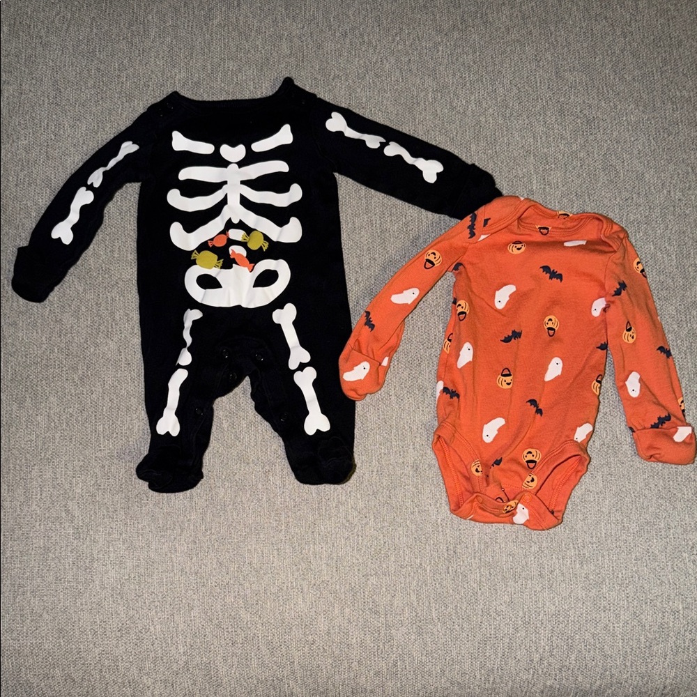Kids Halloween Skeleton One-Piece Romper - Black (3M) & Orange Onesie (0-3M)